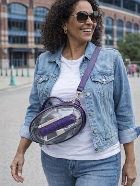 Clear Oval Football Crossbody Bag with Purple Trim